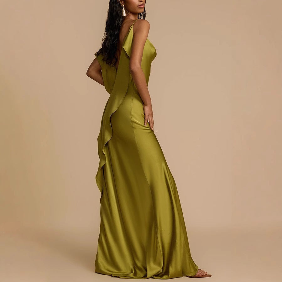 Women's Satin Maxi Dress Cowl Neck Spaghetti Strap Backless Side Slit Ruffle Party Dress