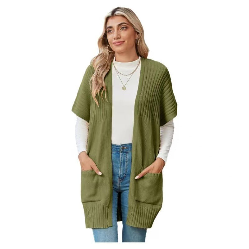 Women's Open-Front Knit Cardigan Short Sleeve Ribbed Pocket Casual Longline