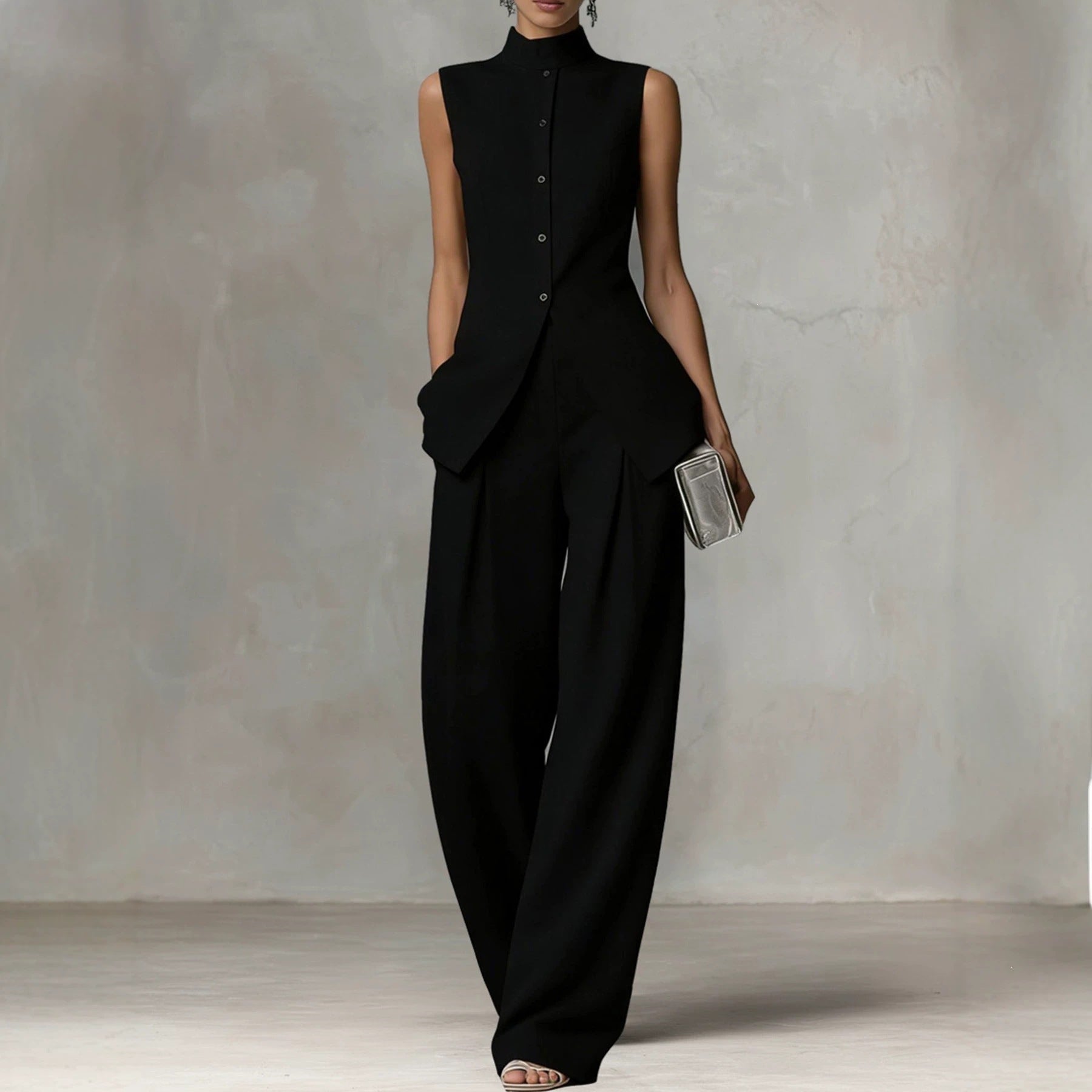 Women's Sleeveless Jumpsuit Set Mock Neck Button Front Slim Top Wide Leg Pants Casual