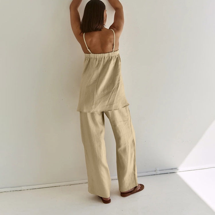 Women's Cotton Linen 2-Piece Set Cami Top Wide Leg Pants Loose Fit Casual Vacation