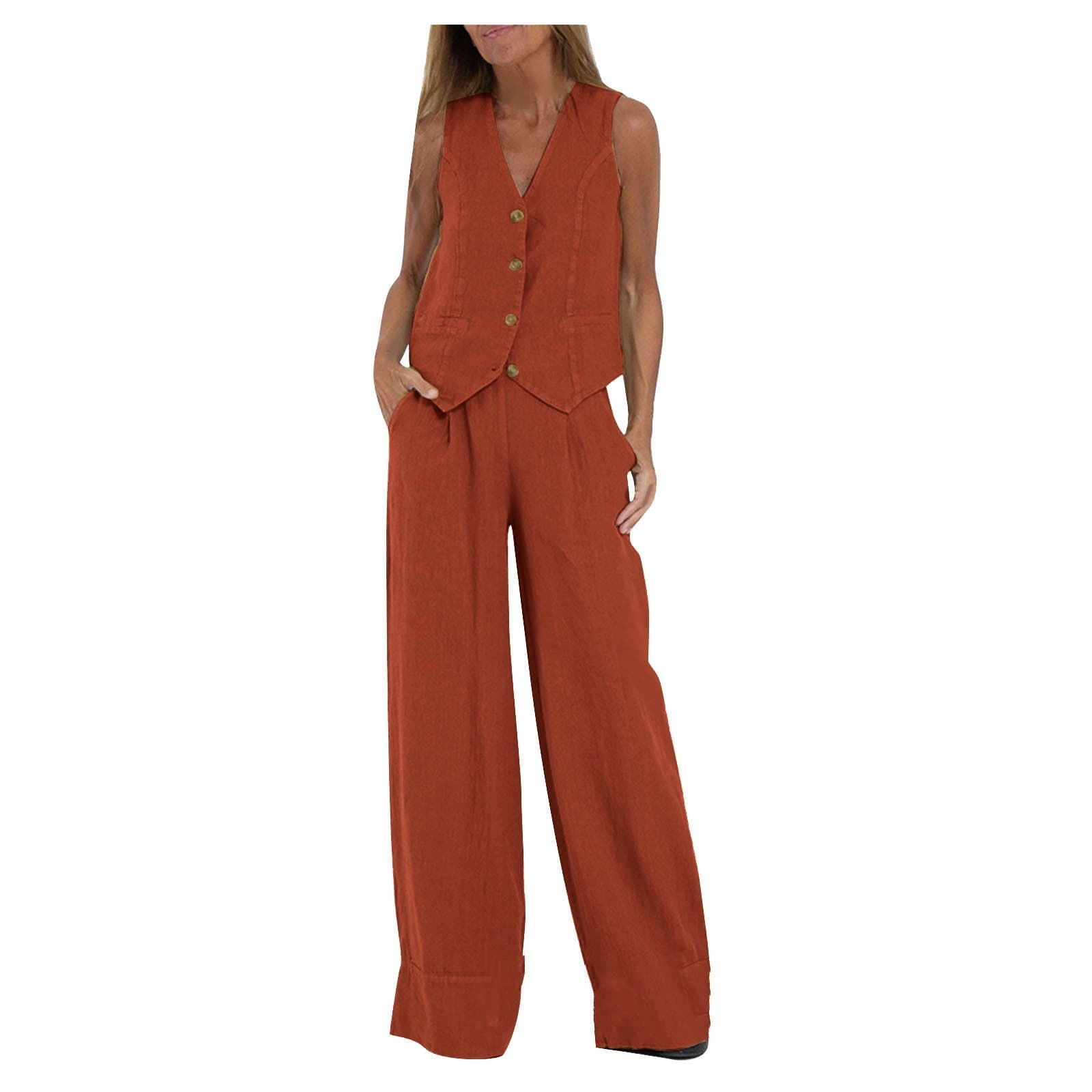 Women's Vest and Wide Leg Pants Set V-Neck Sleeveless Button Closure Casual Two Piece Outfit