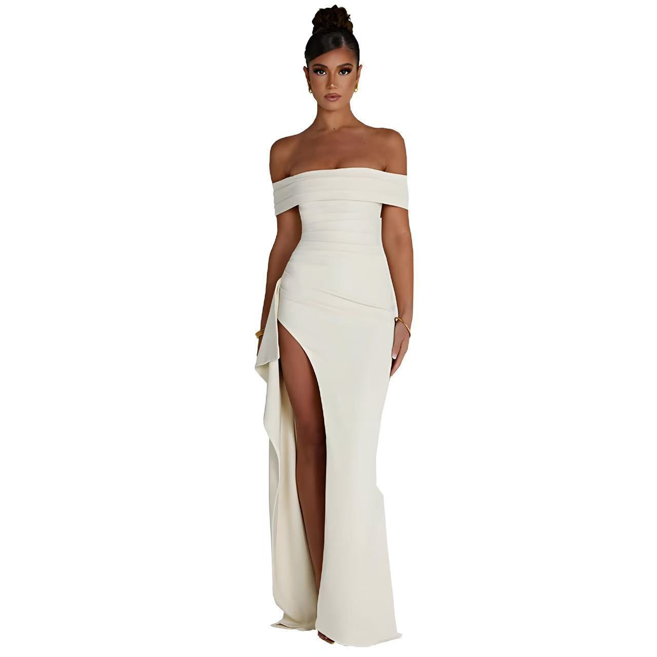 Women's Off Shoulder Maxi Dress High Slit Ruched Bodycon Party Evening Gown