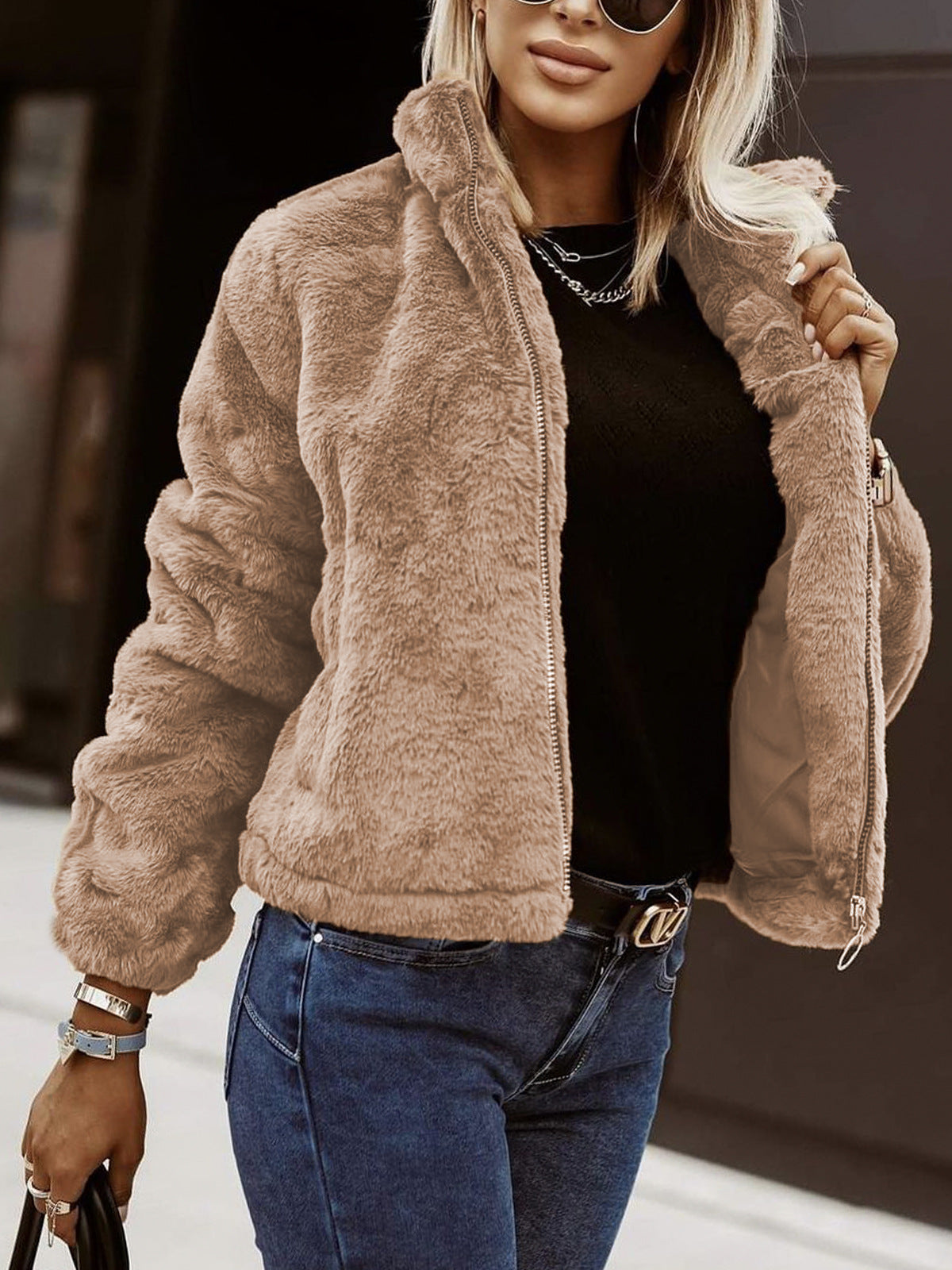 Women's Sherpa Bomber Jacket Zip-Up Stand Collar Long Sleeve Fleece Winter Coat