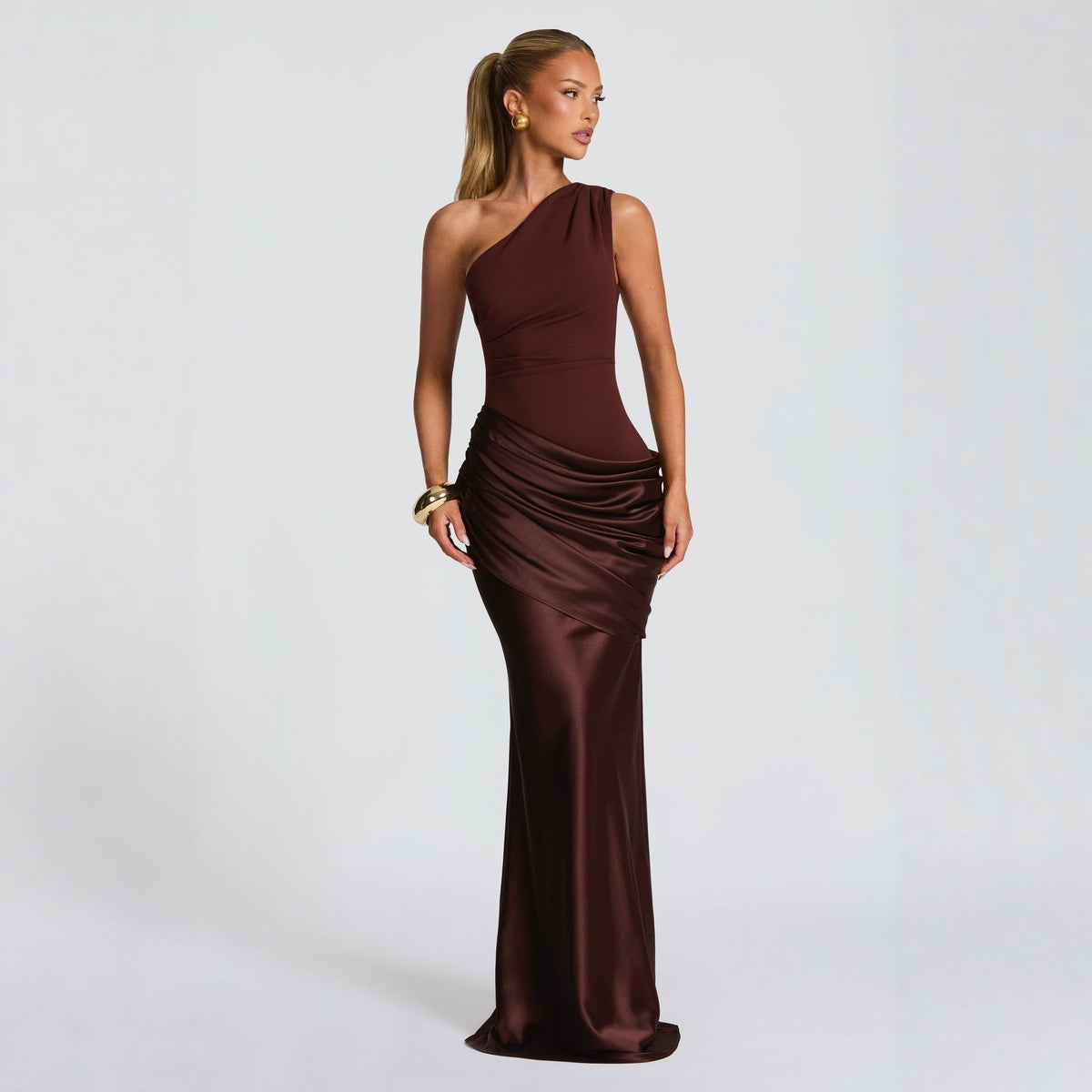 Women's One Shoulder Maxi Dress Ruched Sleeveless Bodycon Slim Fit Evening Party Gown