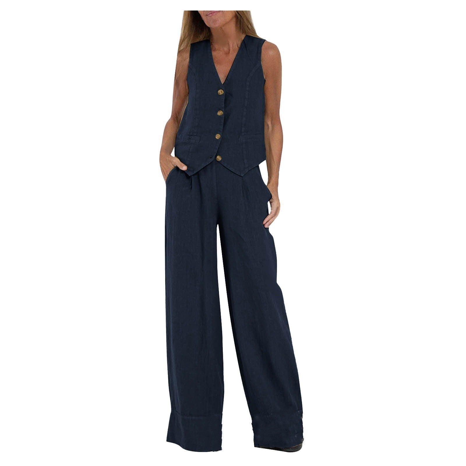 Women's Vest and Wide Leg Pants Set V-Neck Sleeveless Button Closure Casual Two Piece Outfit
