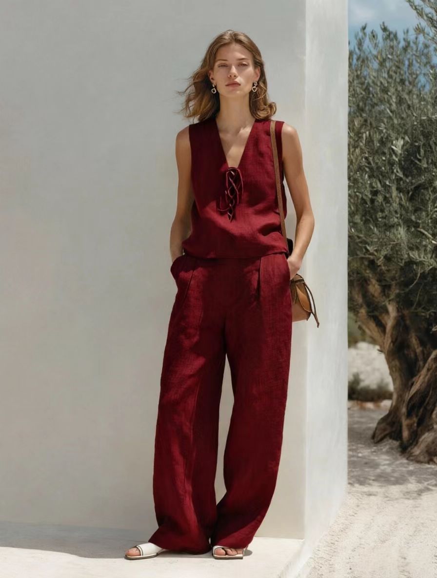 Women's Linen Cotton 2-Piece Set Sleeveless Lace-Up V-Neck Top Wide Leg Pants Casual