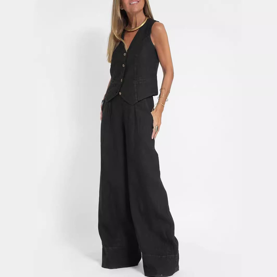 Women's Vest and Wide Leg Pants Set V-Neck Sleeveless Button Closure Casual Two Piece Outfit