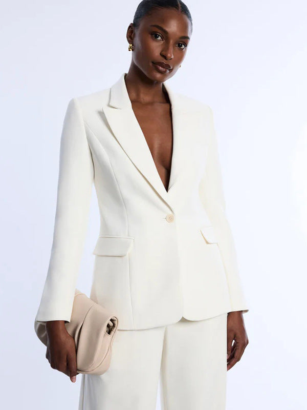 Women's 2 Piece Blazer Suit Set V-Neck Notch Lapel Long Sleeve Button Slim Fit Wide Leg Pants