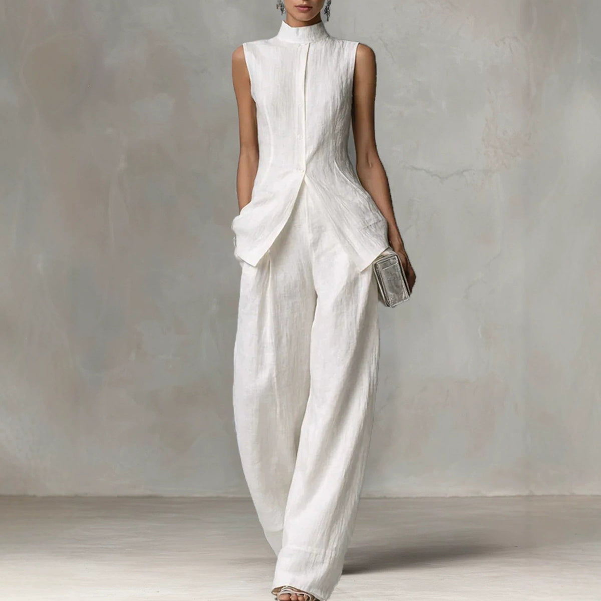 Women's Sleeveless Jumpsuit Set Mock Neck Button Front Slim Top Wide Leg Pants Casual