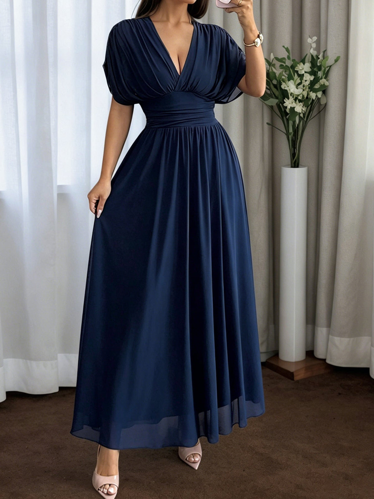 Women's Maxi Dress V-Neck Batwing Short Sleeve Ruched Waist Mesh Overlay A-Line Party