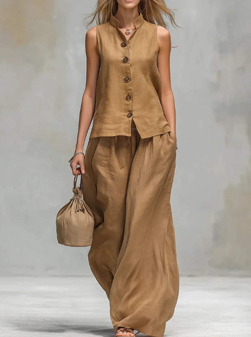 Women's Sleeveless Vest Top Wide Leg Pants 2-Piece Set Button Front Stand Collar Casual