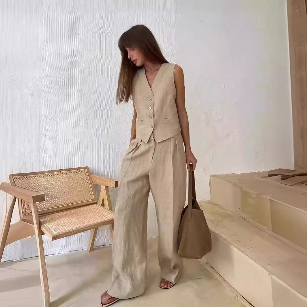 Women's Vest and Pants 2-Piece Set V-Neck Sleeveless Button Closure Wide Leg Casual Wear