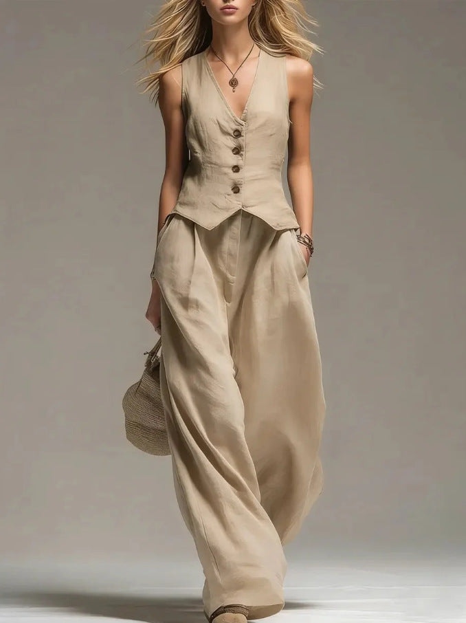 Women's 2-Piece Vest Top and Wide Leg Pants Set V-Neck Sleeveless Button Closure Casual