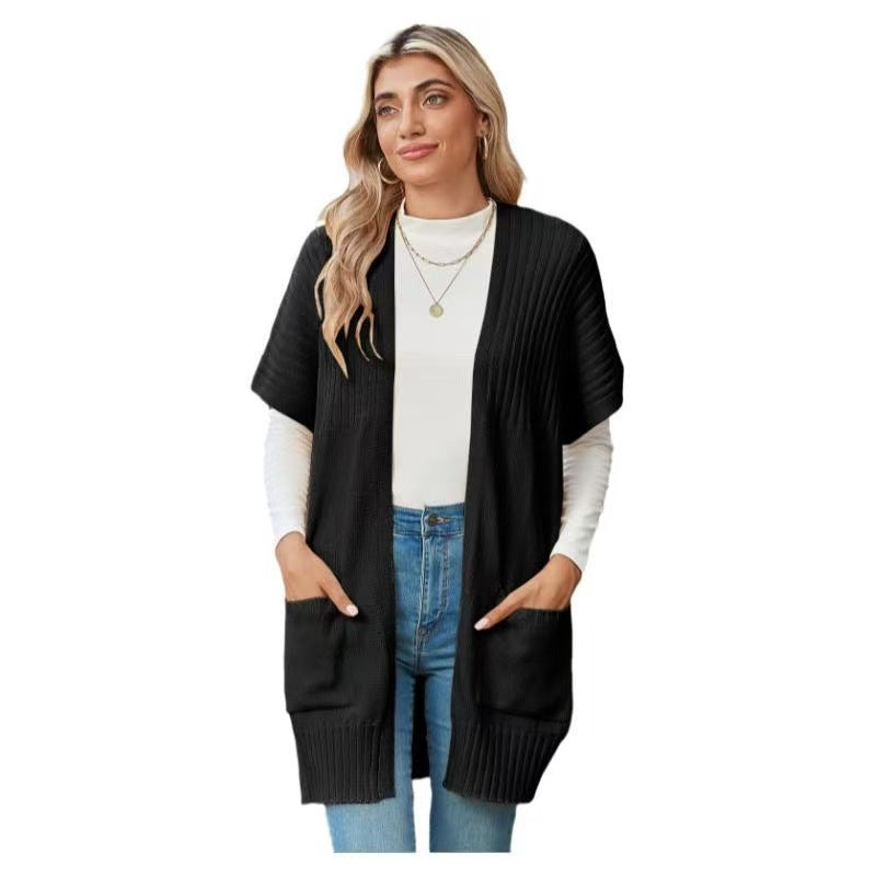 Women's Open-Front Knit Cardigan Short Sleeve Ribbed Pocket Casual Longline