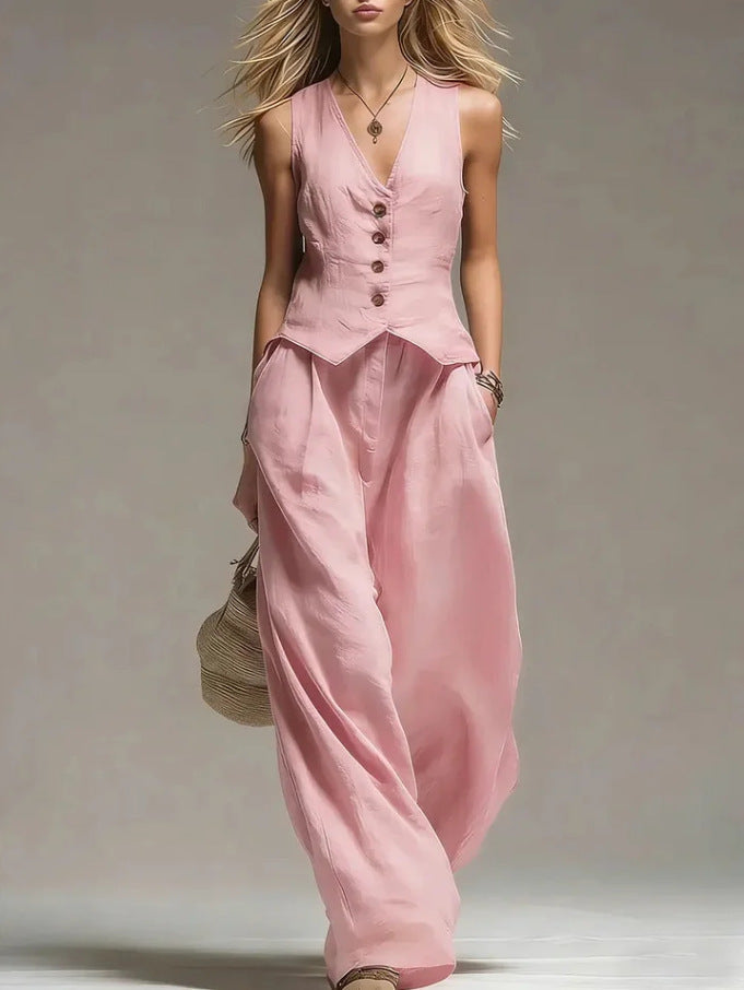 Women's 2-Piece Vest Top and Wide Leg Pants Set V-Neck Sleeveless Button Closure Casual