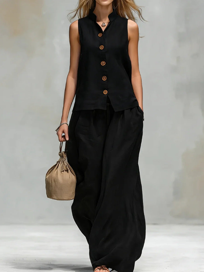 Women's Sleeveless Vest Top Wide Leg Pants 2-Piece Set Button Front Stand Collar Casual