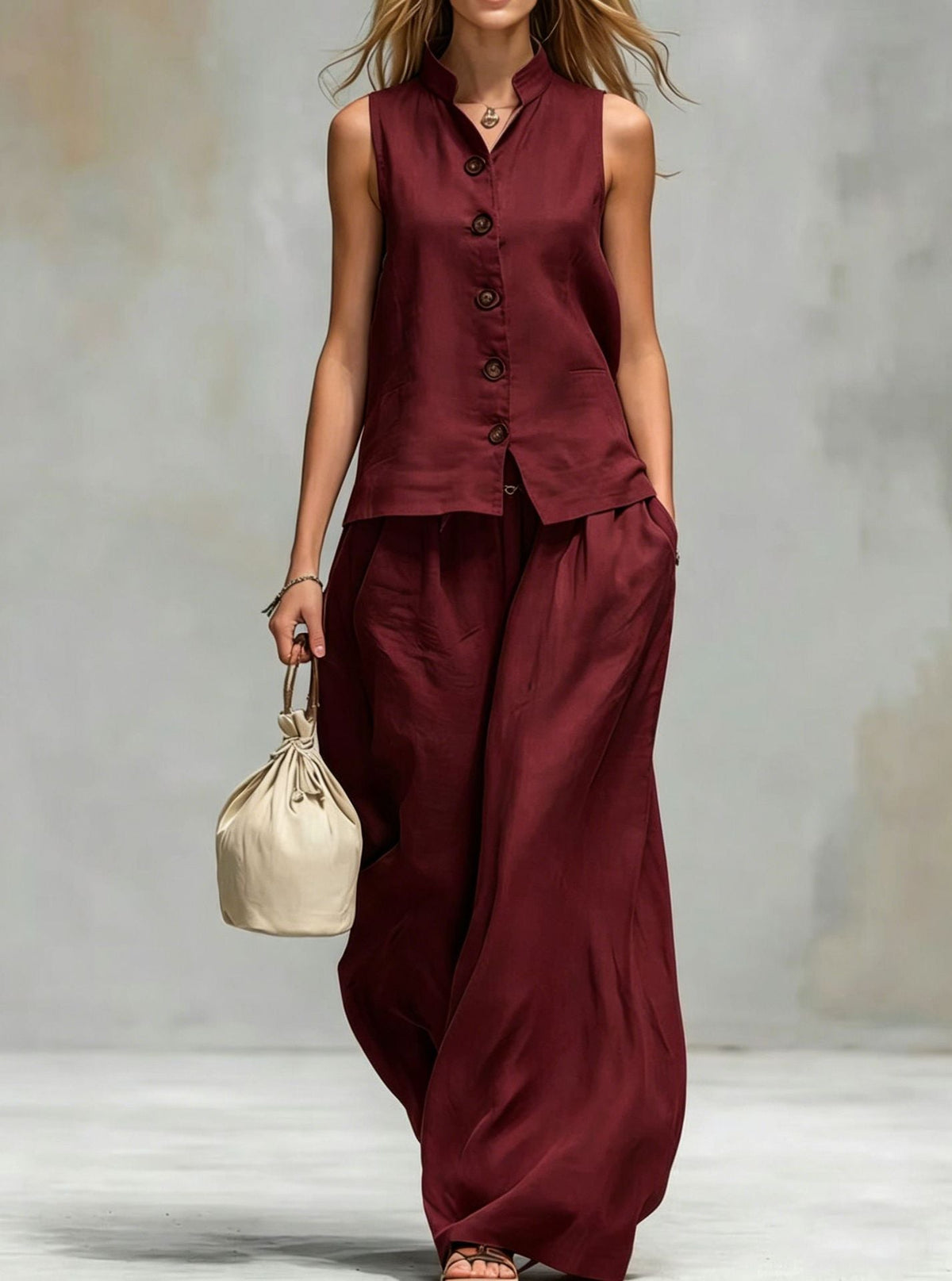 Women's Sleeveless Vest Top Wide Leg Pants 2-Piece Set Button Front Stand Collar Casual