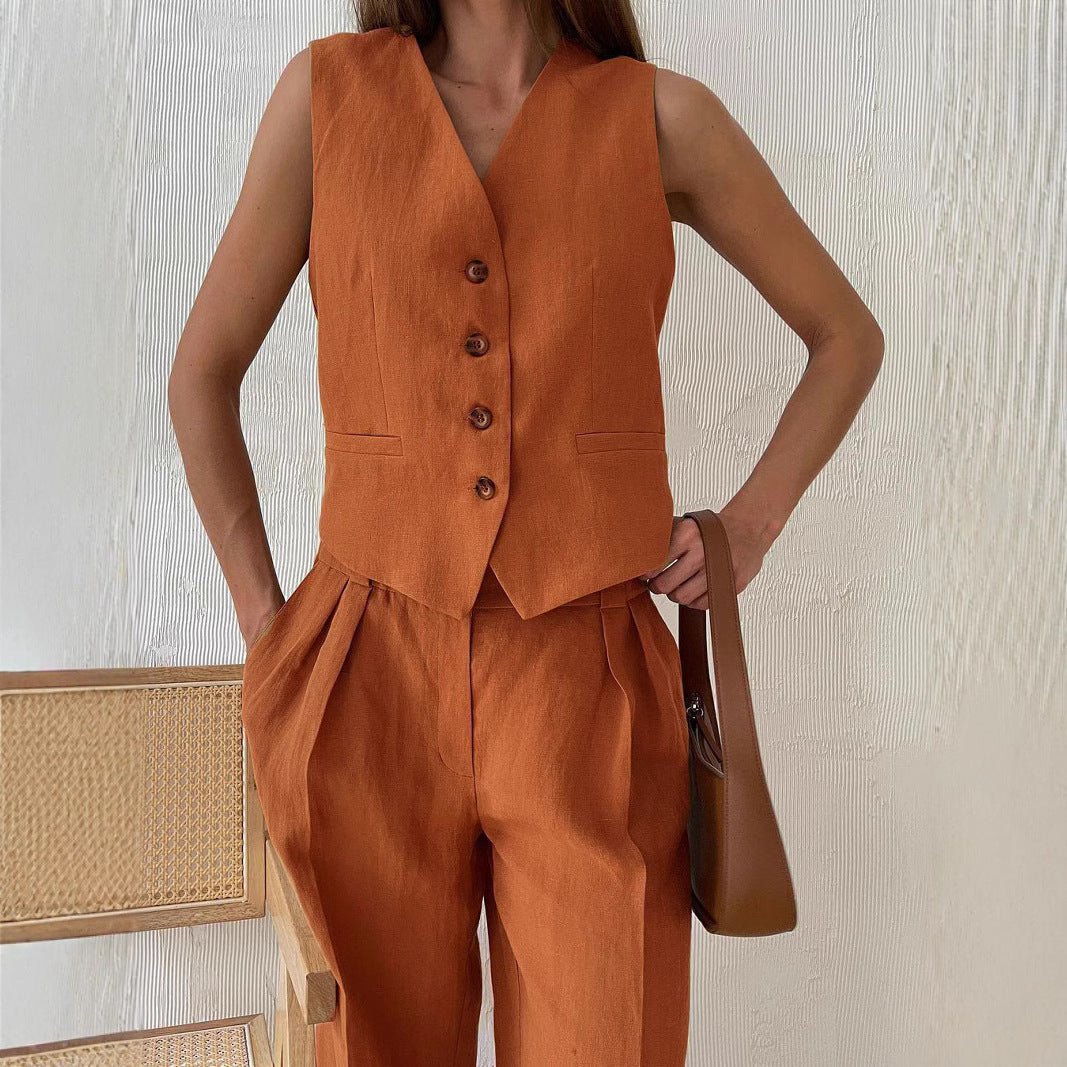 Women's Vest and Pants 2-Piece Set V-Neck Sleeveless Button Closure Wide Leg Casual Wear