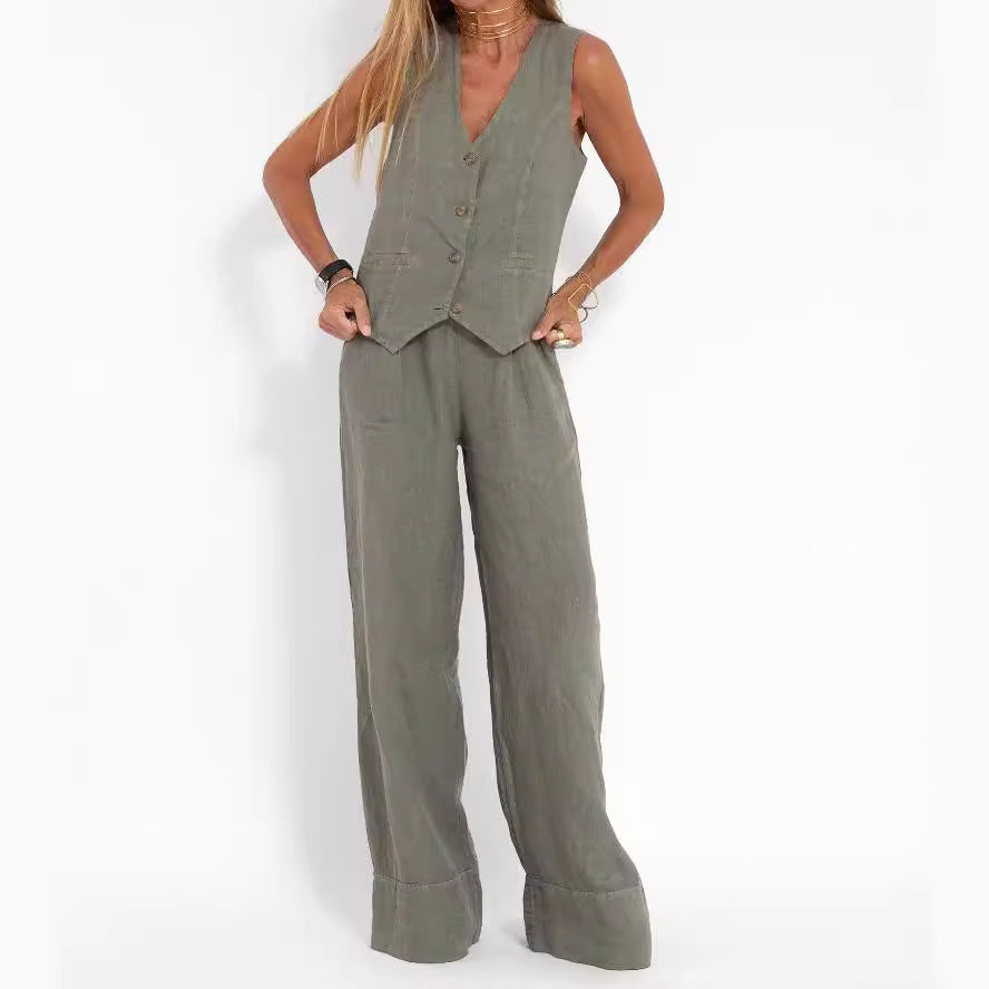 Women's Vest and Wide Leg Pants Set V-Neck Sleeveless Button Closure Casual Two Piece Outfit