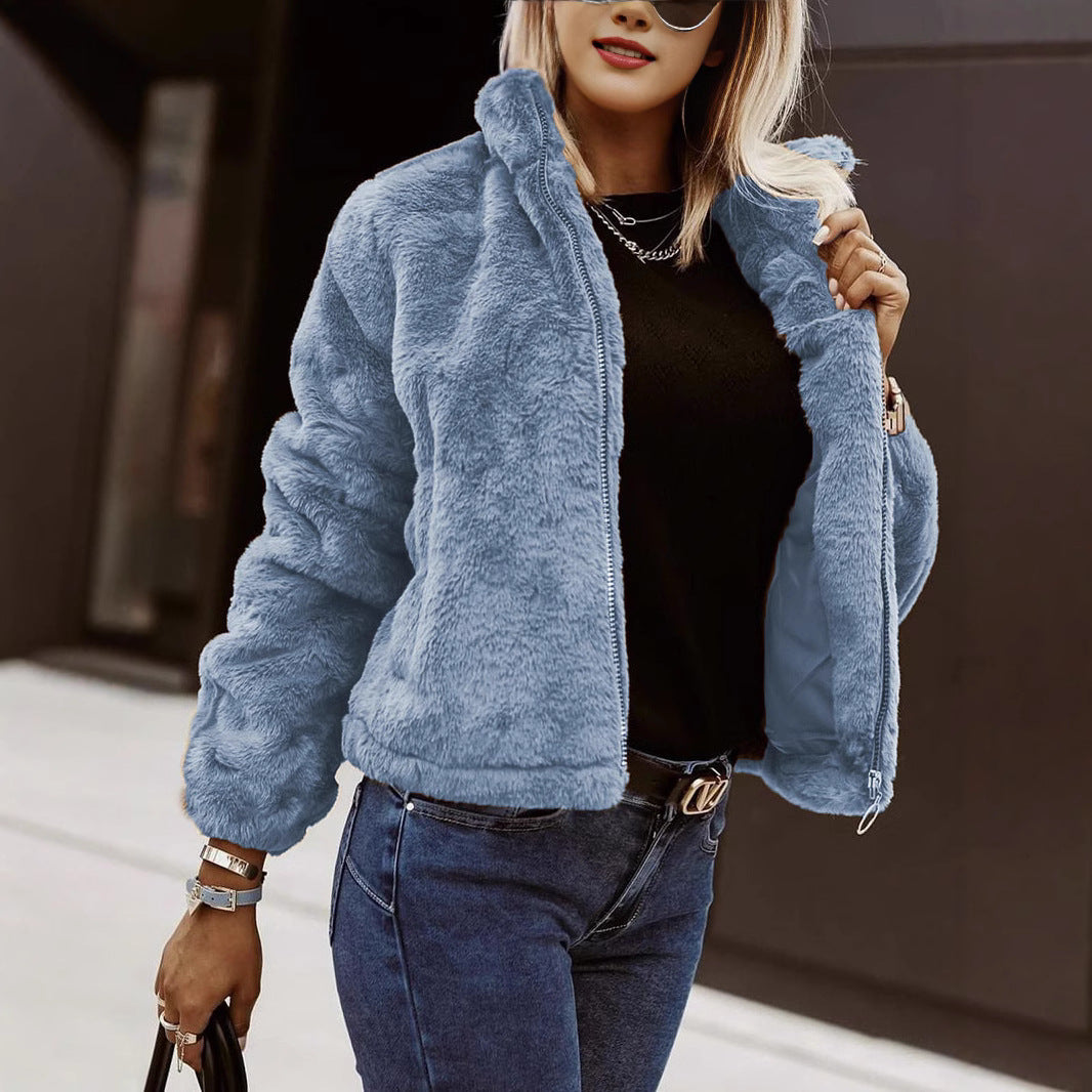 Women's Sherpa Bomber Jacket Zip-Up Stand Collar Long Sleeve Fleece Winter Coat