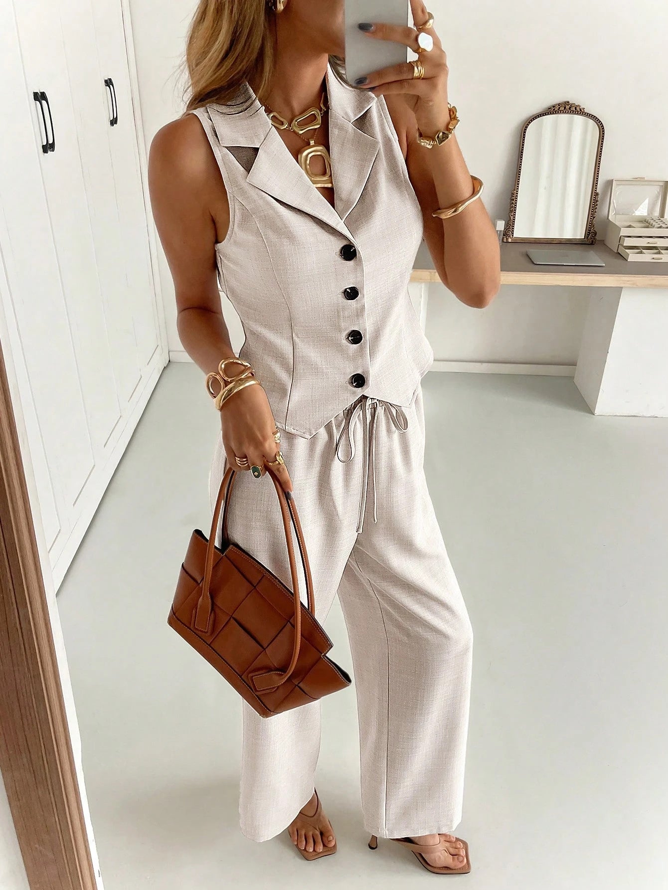 Women's 2-Piece Set Sleeveless Lapel Collar Button Front Vest Wide Leg Pants Casual