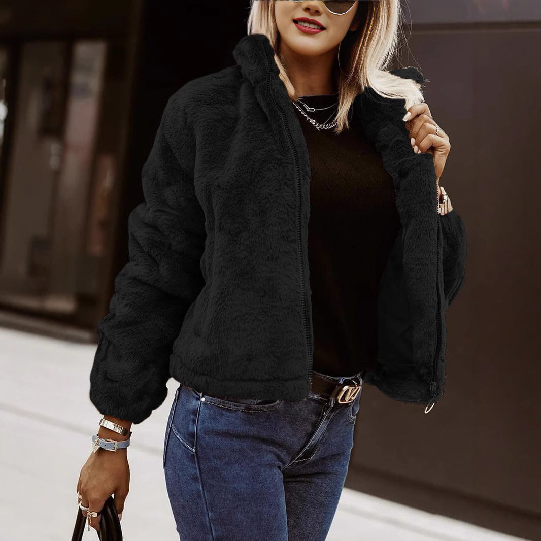 Women's Sherpa Bomber Jacket Zip-Up Stand Collar Long Sleeve Fleece Winter Coat