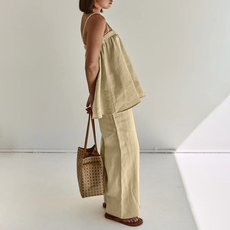 Women's Cotton Linen 2-Piece Set Cami Top Wide Leg Pants Loose Fit Casual Vacation
