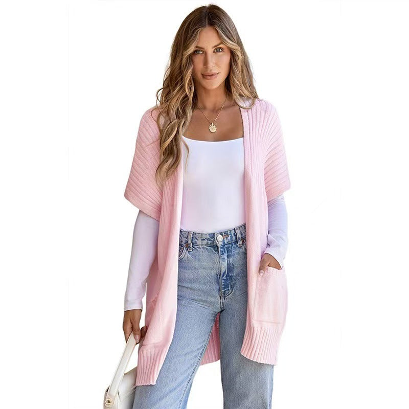Women's Open-Front Knit Cardigan Short Sleeve Ribbed Pocket Casual Longline
