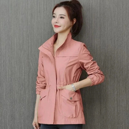 Women's Waterproof Trench Coat Stand Collar Zip Long Sleeve Casual Windbreaker Jacket