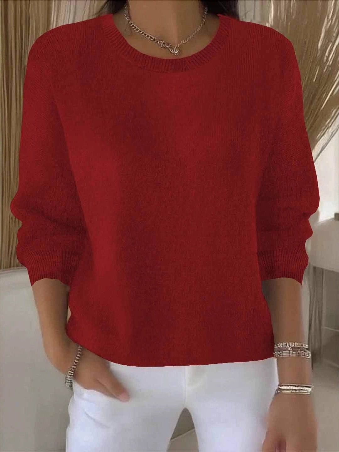 Women's Crew Neck Pullover Sweater Solid Long Sleeve Knit Casual