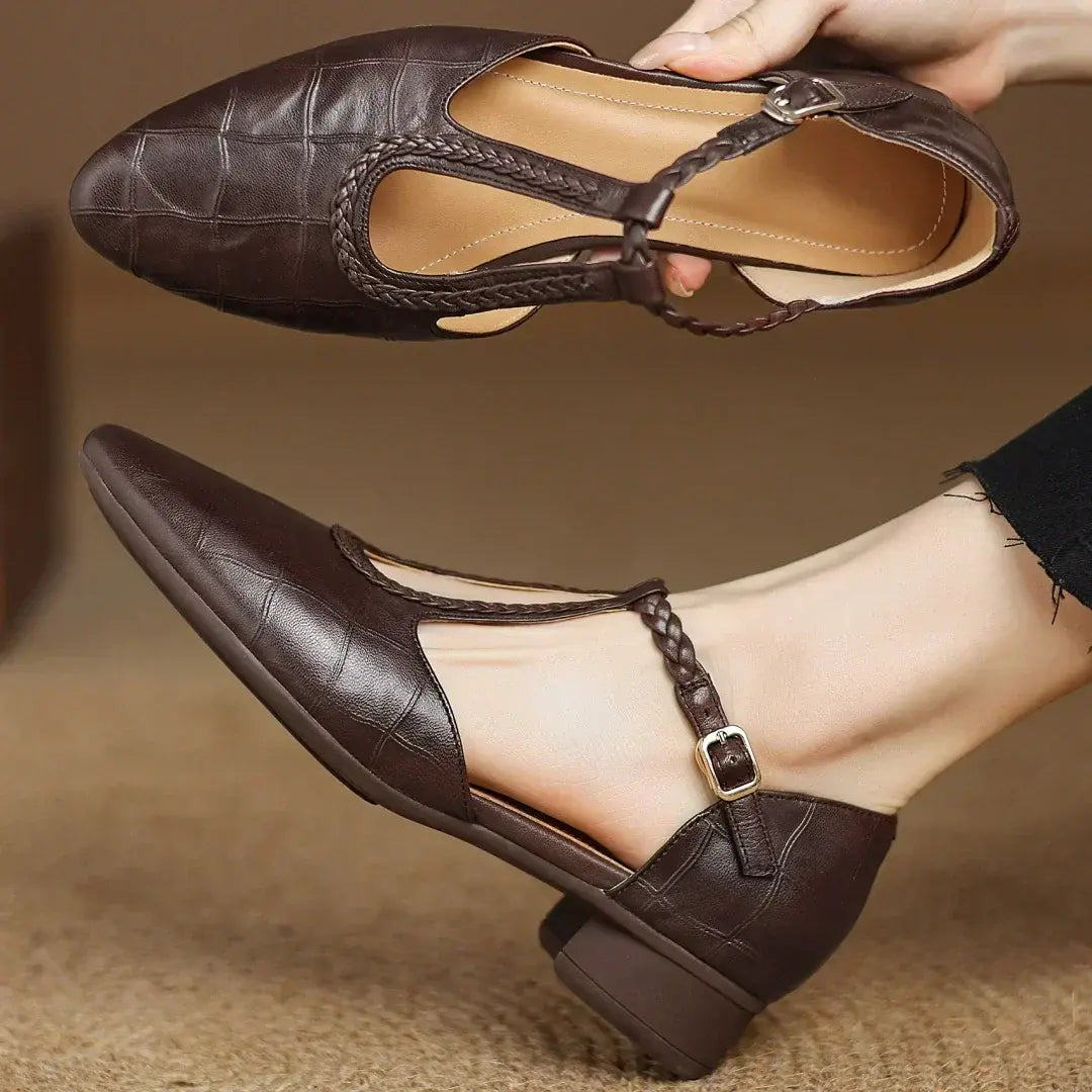 Women's Orthopedic T-Strap Shoes Braided Pointed-Toe Low Block Heel Everyday