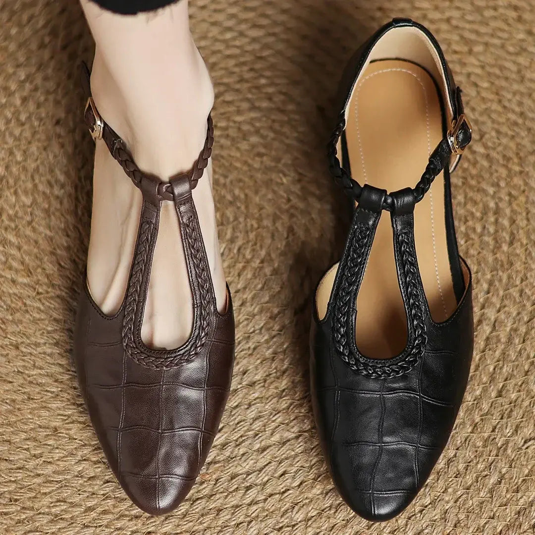 Women's Orthopedic T-Strap Shoes Braided Pointed-Toe Low Block Heel Everyday