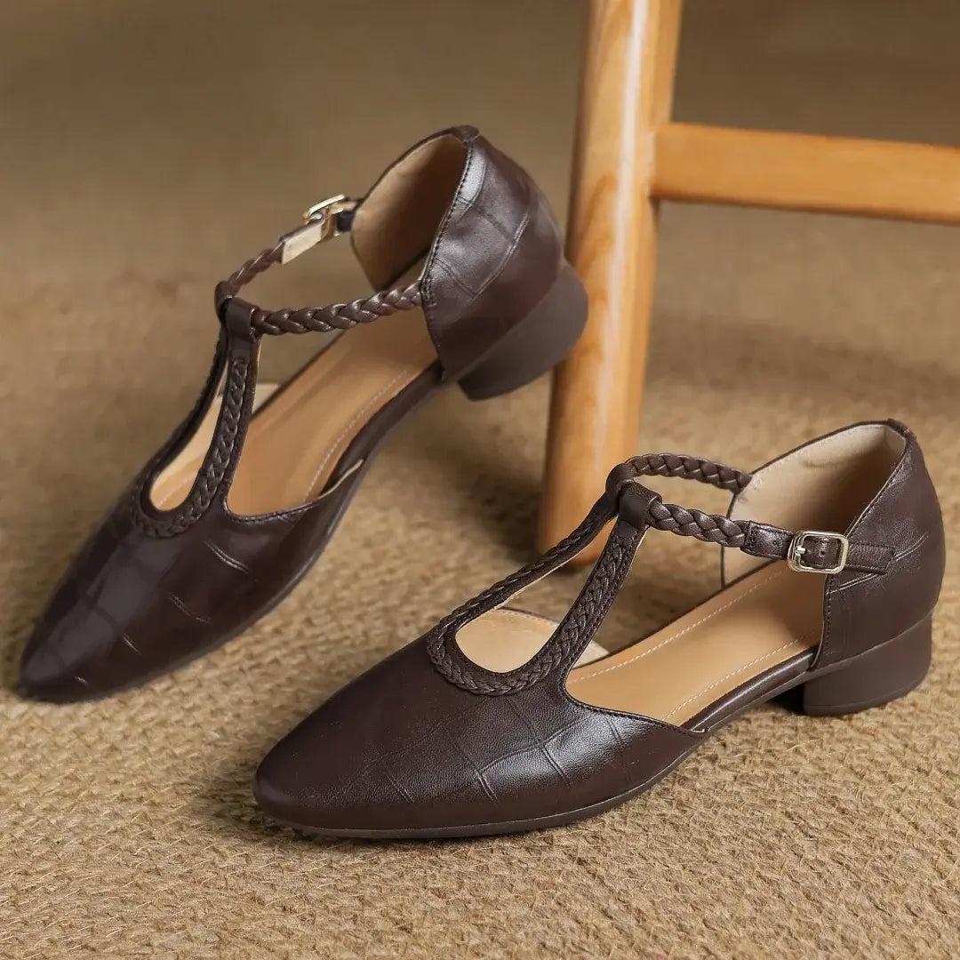 Women's Orthopedic T-Strap Shoes Braided Pointed-Toe Low Block Heel Everyday