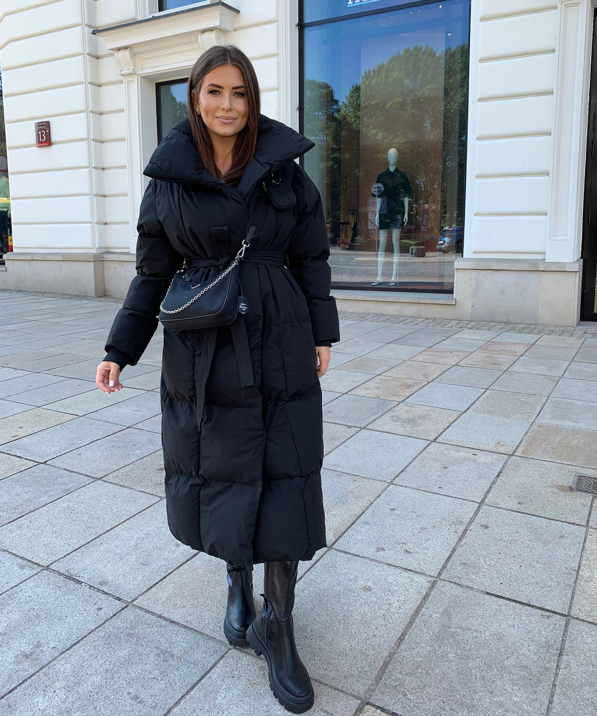 Women's Long Puffer Coat Belted High Collar Maxi Winter Jacket – Black