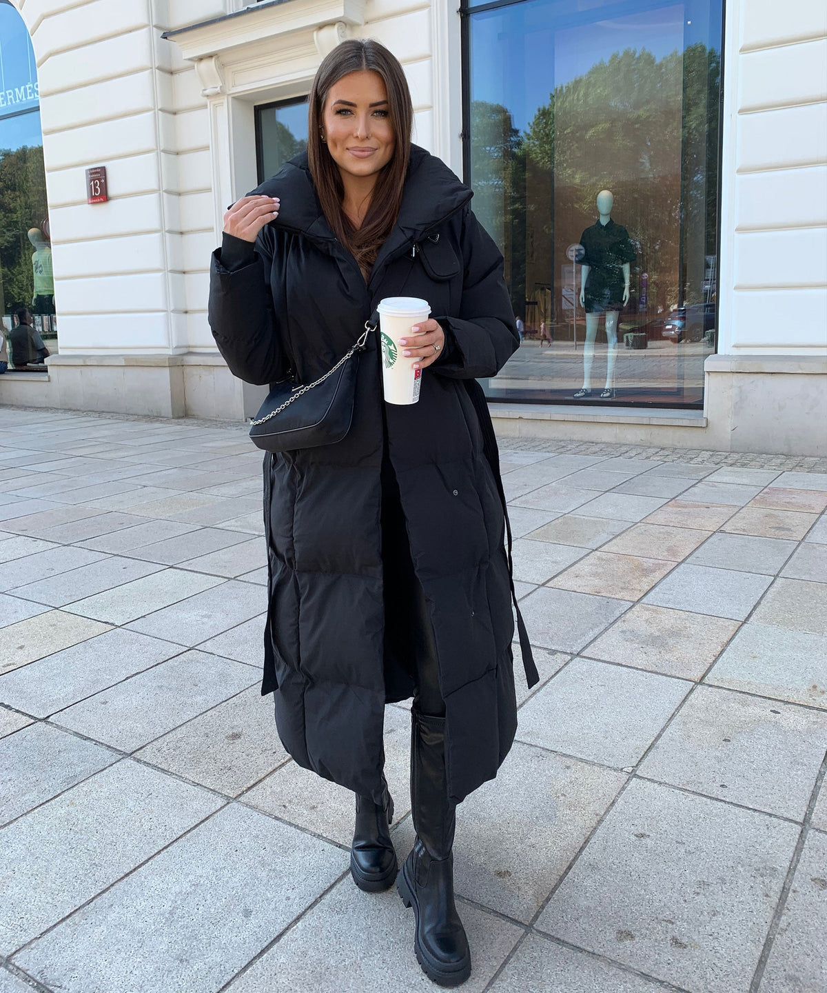 Women's Long Puffer Coat Belted High Collar Maxi Winter Jacket – Black