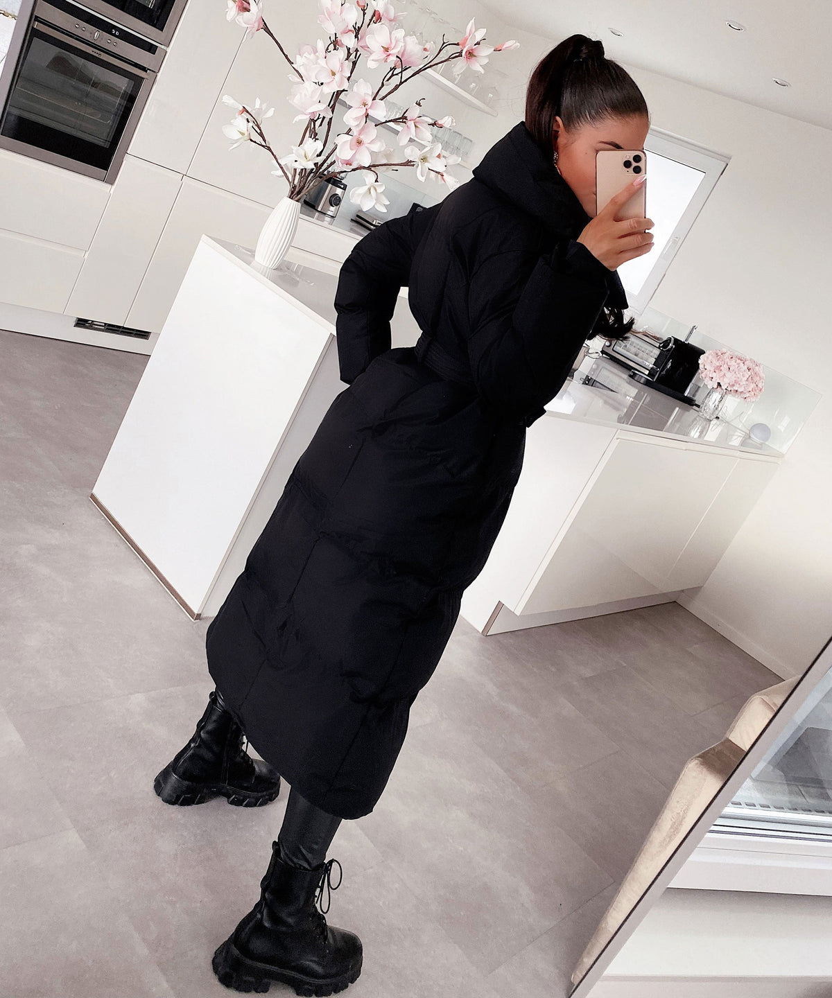 Women's Long Puffer Coat Belted High Collar Maxi Winter Jacket – Black