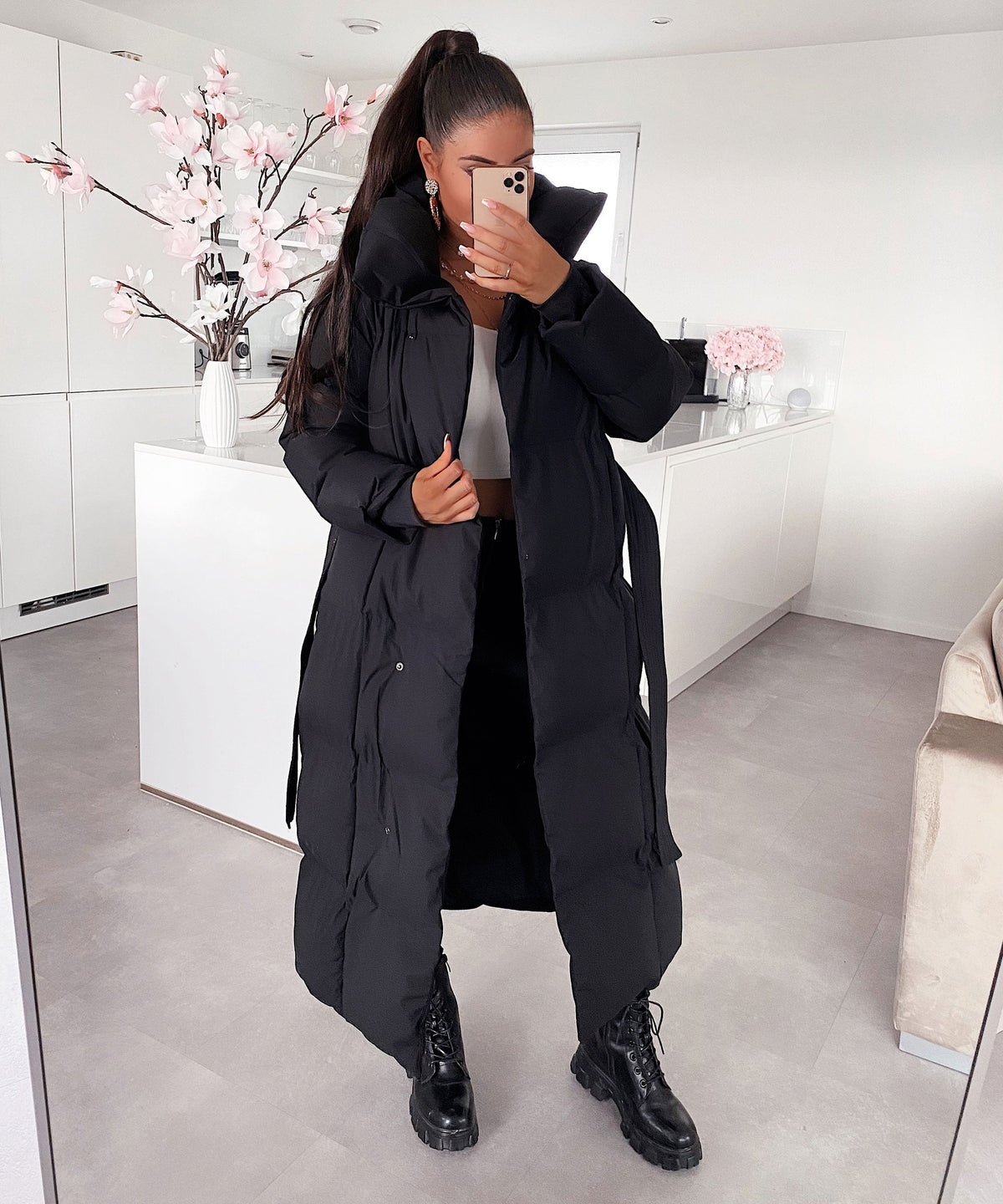 Women's Long Puffer Coat Belted High Collar Maxi Winter Jacket – Black