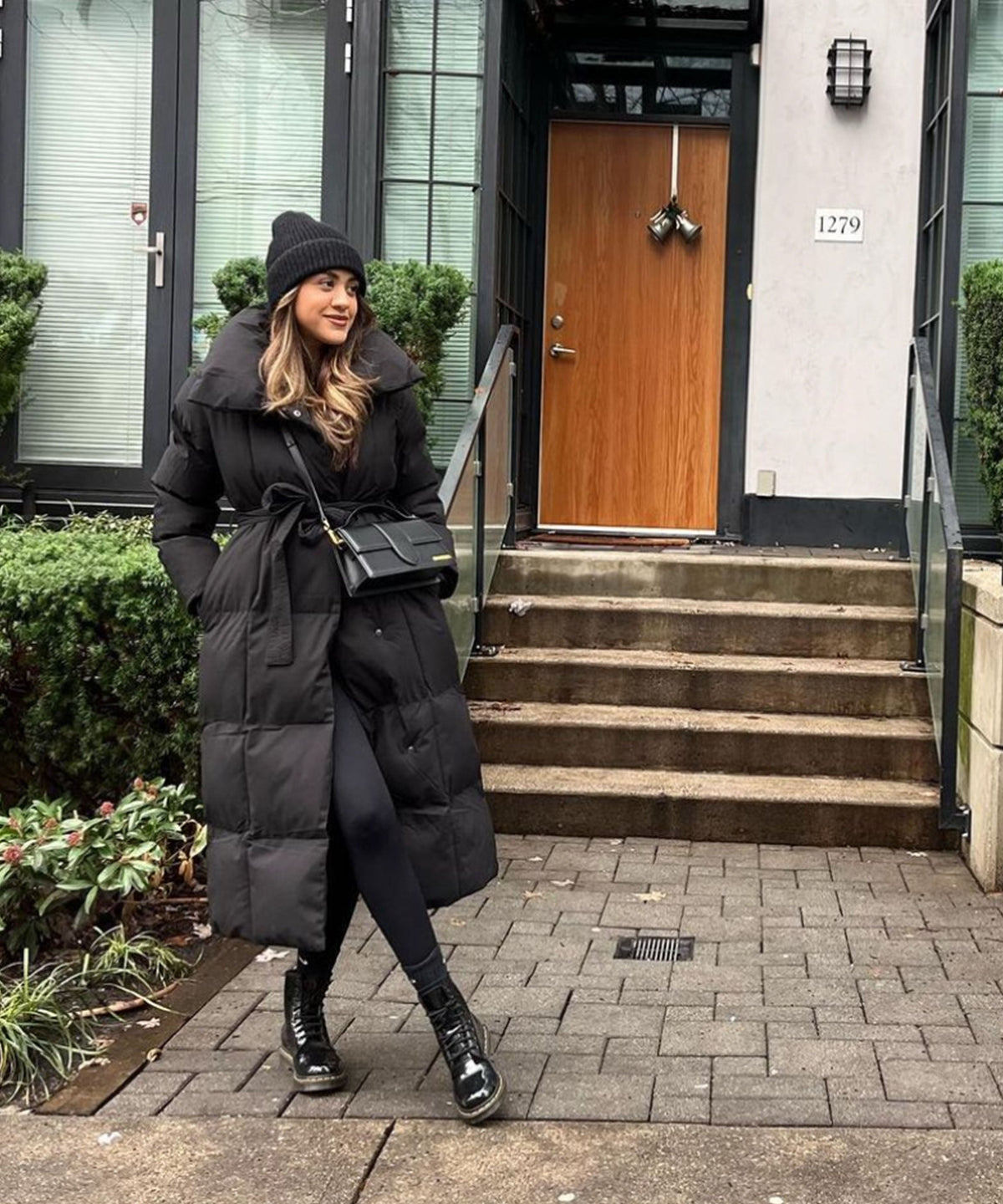 Women's Long Puffer Coat Belted High Collar Maxi Winter Jacket – Black