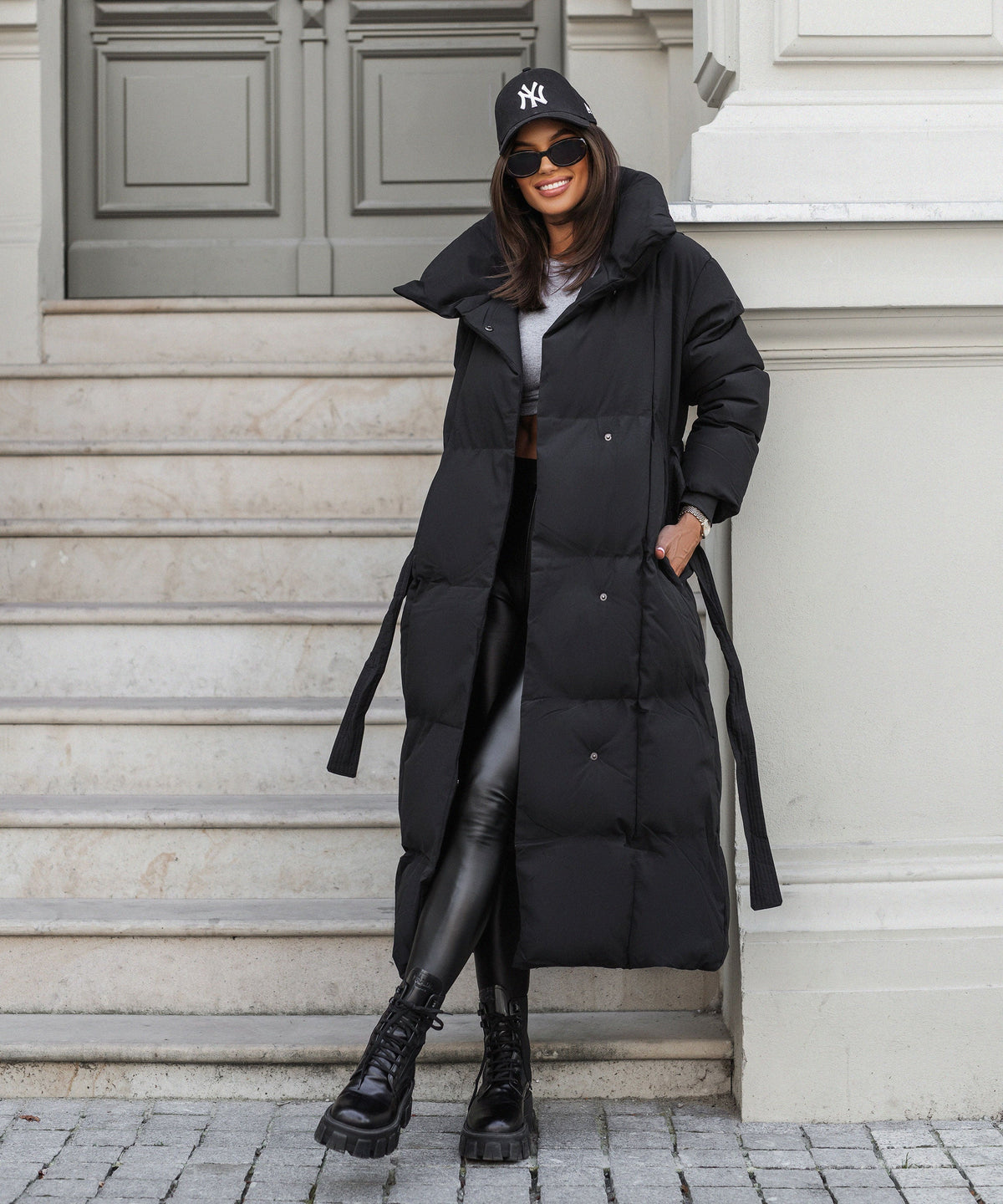 Women's Long Puffer Coat Belted High Collar Maxi Winter Jacket – Black