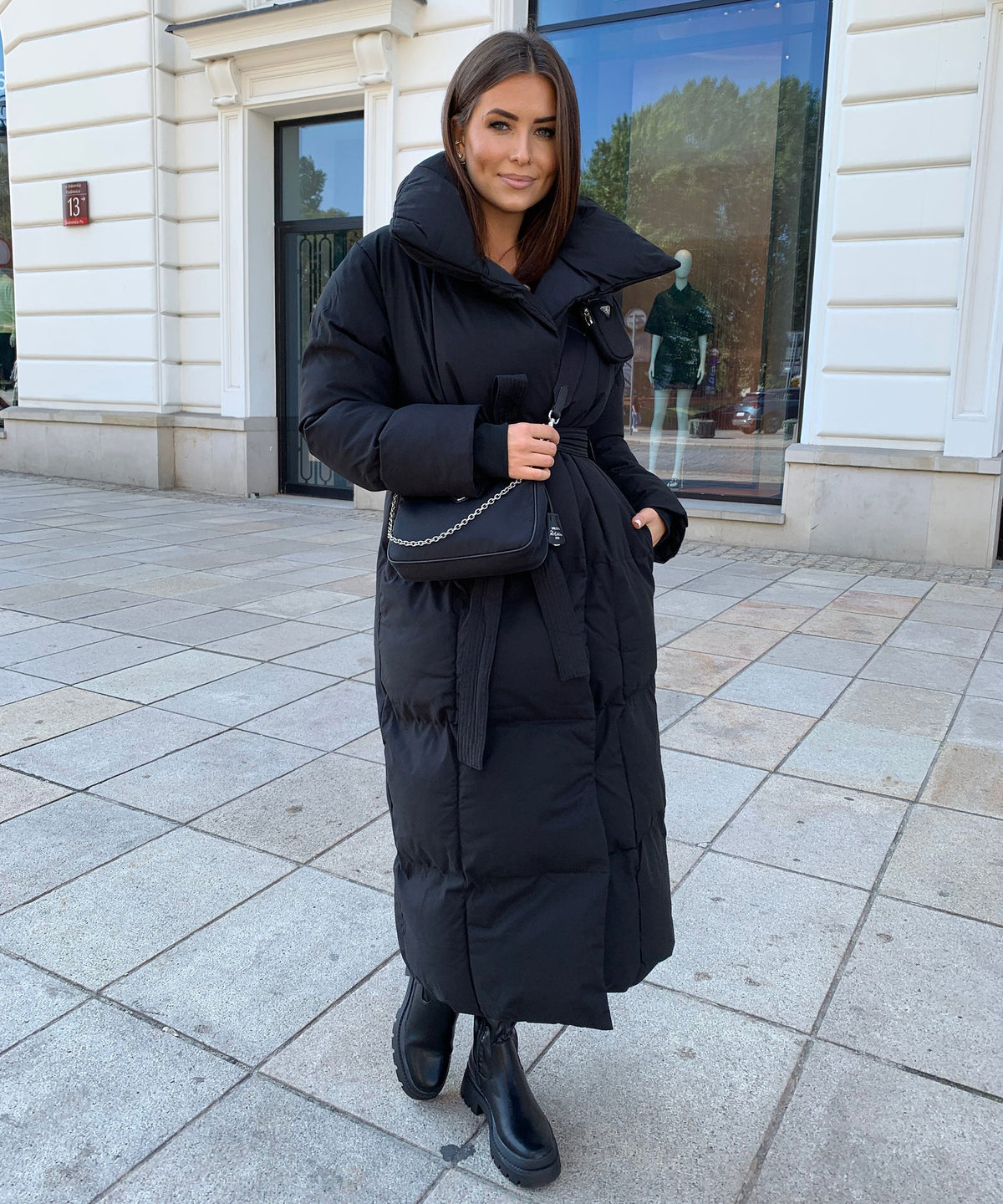 Women's Long Puffer Coat Belted High Collar Maxi Winter Jacket – Black