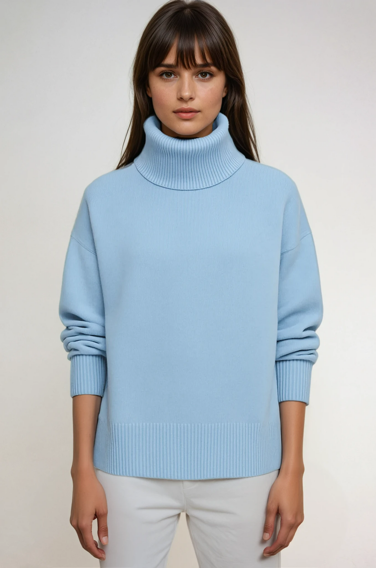 Women's Oversized Turtleneck Sweater Light Blue Long Sleeve Ribbed Knit Winter