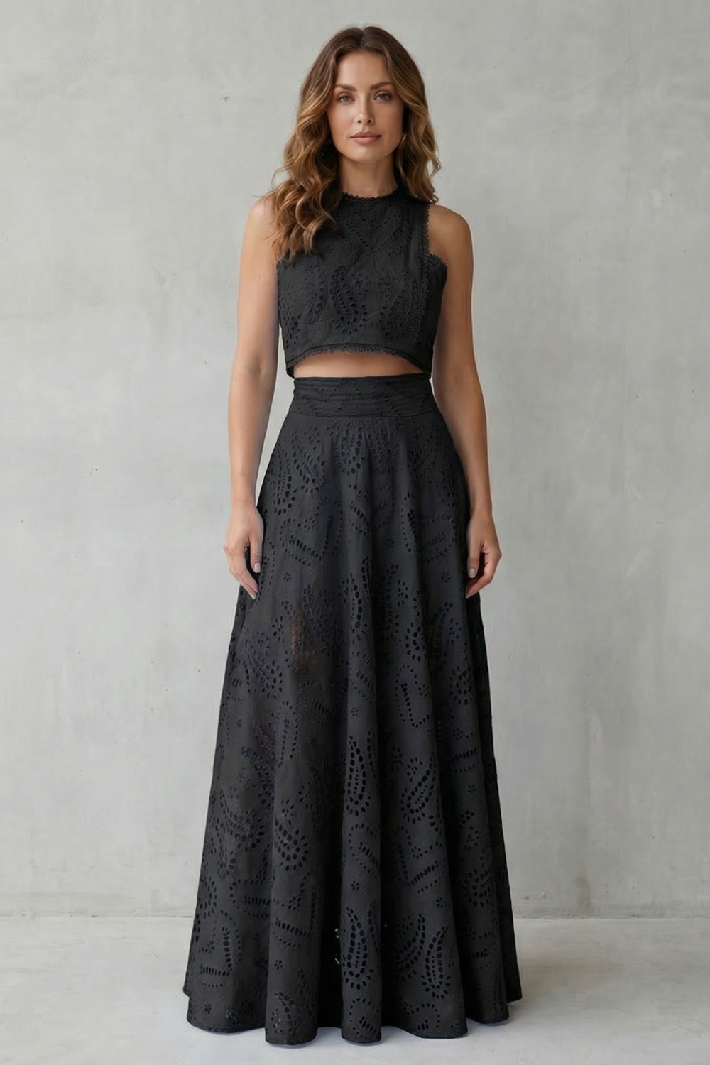 Women's Eyelet Lace Skirt Set Sleeveless Crop Top Maxi Skirt Blue