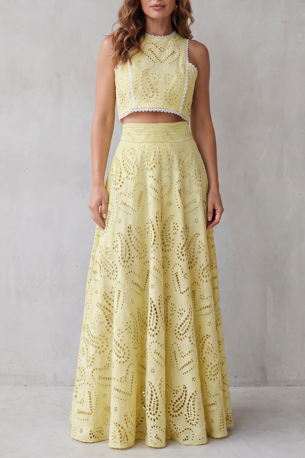 Women's Eyelet Lace Skirt Set Sleeveless Crop Top Maxi Skirt Blue