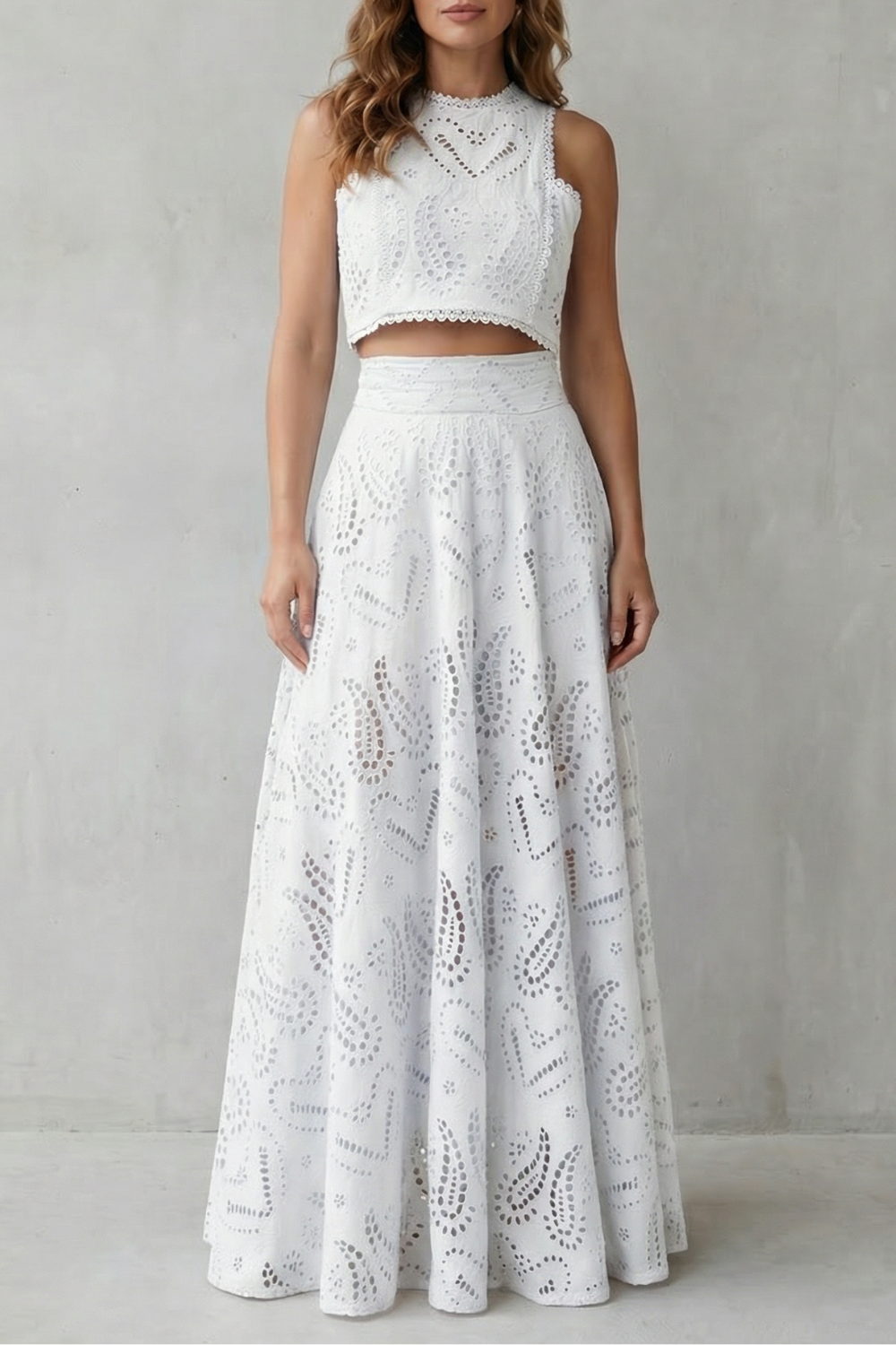Women's Eyelet Lace Skirt Set Sleeveless Crop Top Maxi Skirt Blue