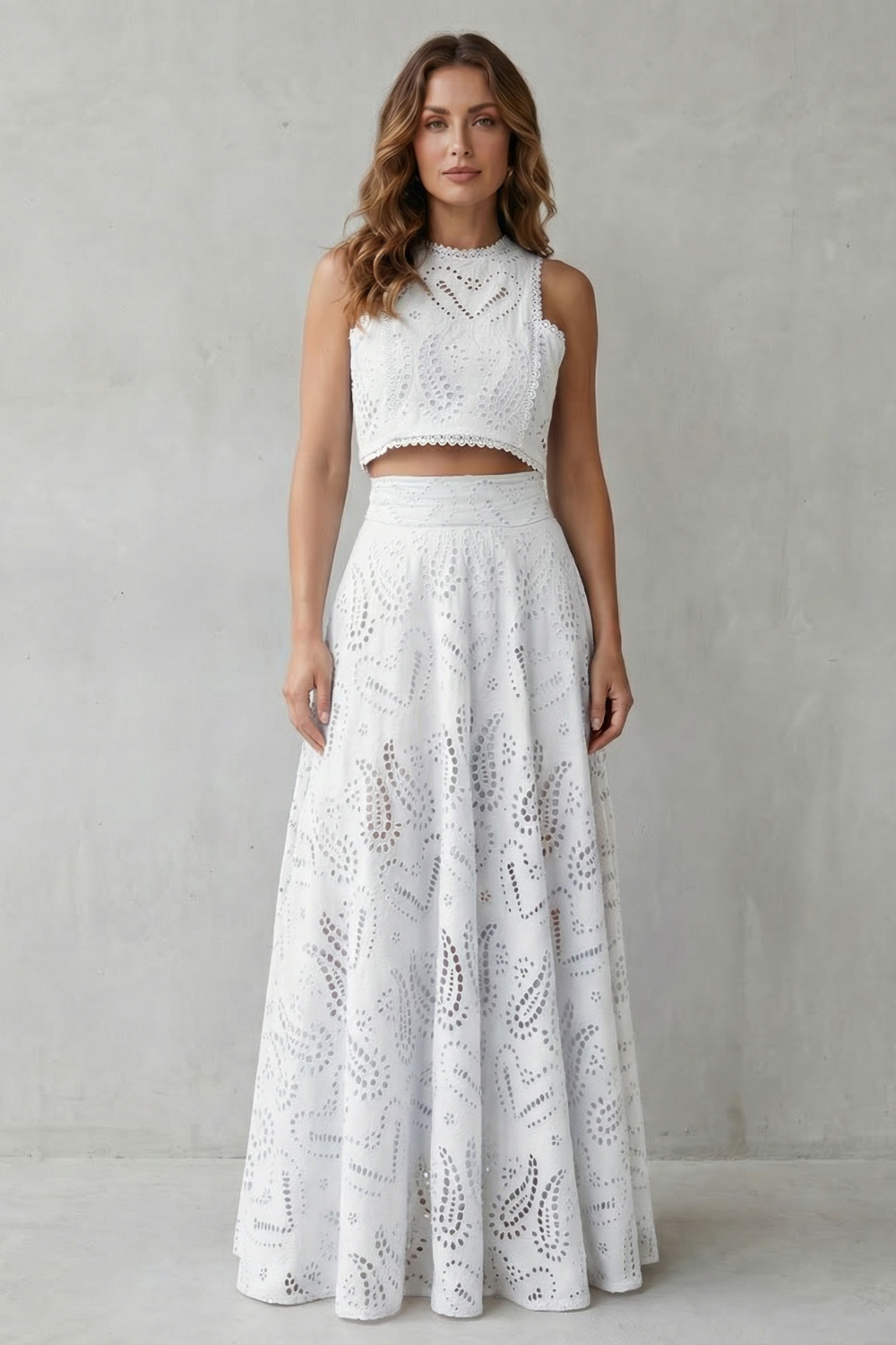 Women's Eyelet Lace Skirt Set Sleeveless Crop Top Maxi Skirt Blue