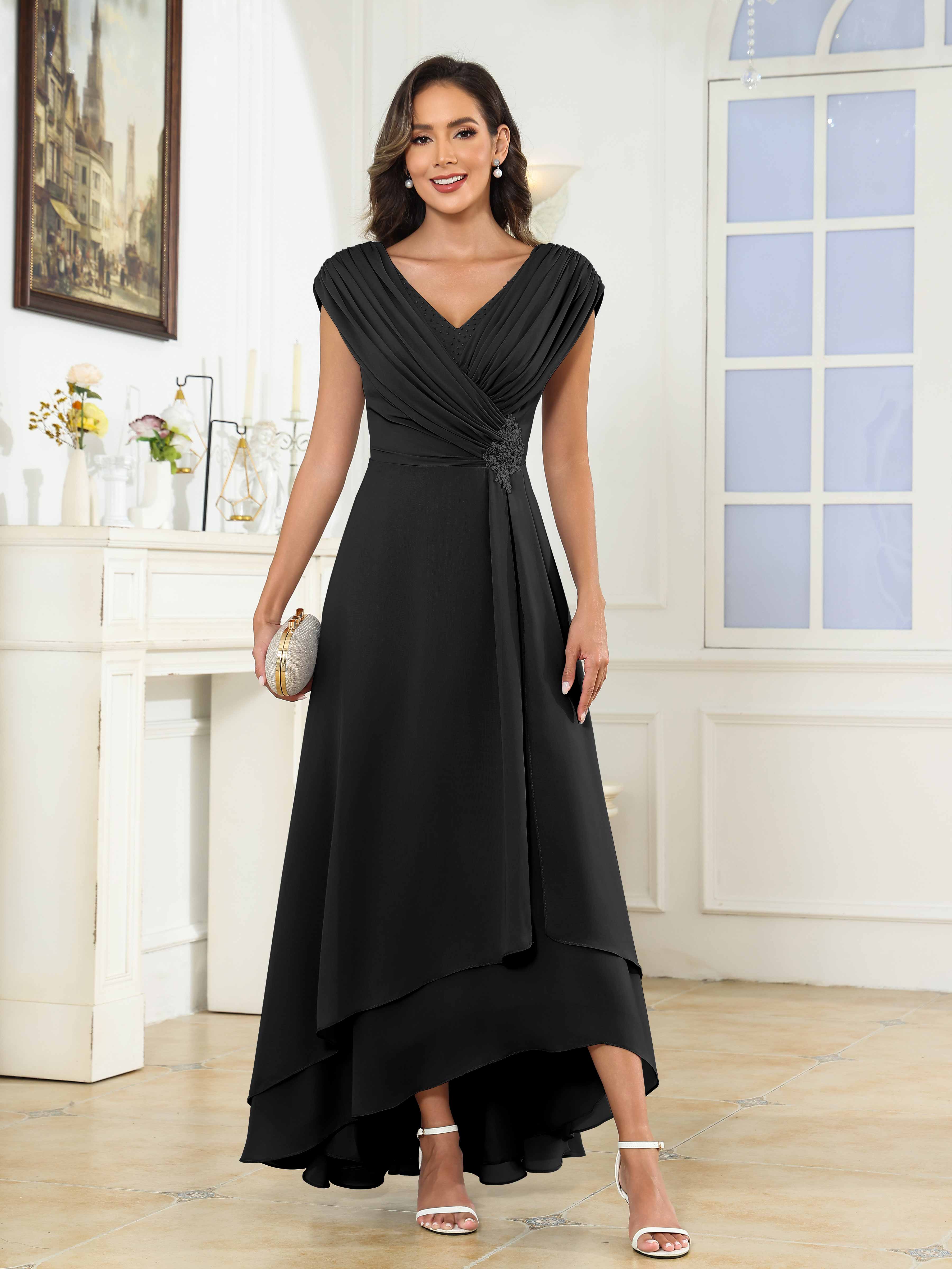 Women's A-Line High Low Beaded Pleated Chiffon Mother Of The Bride Dress