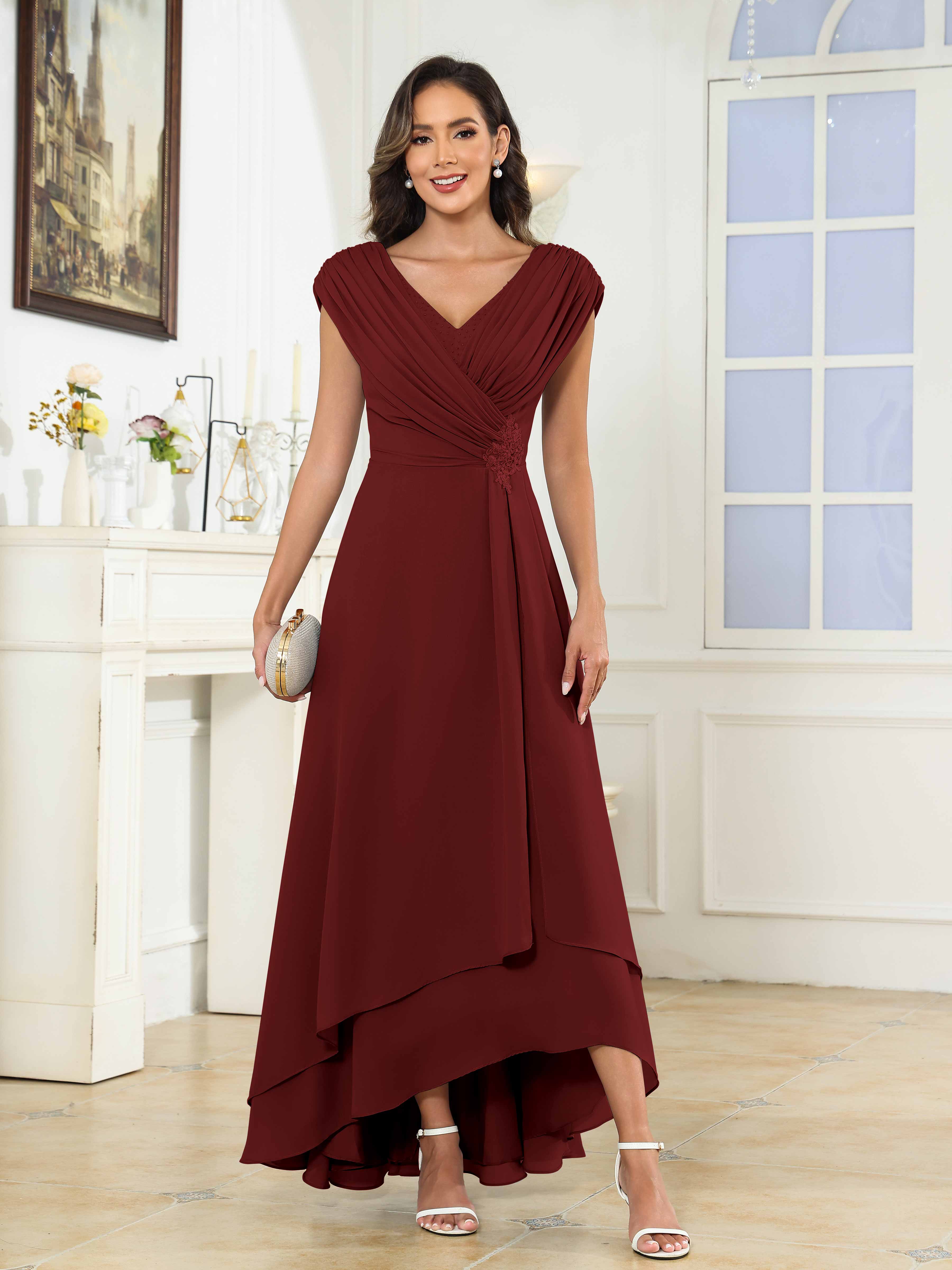 Women's A-Line High Low Beaded Pleated Chiffon Mother Of The Bride Dress