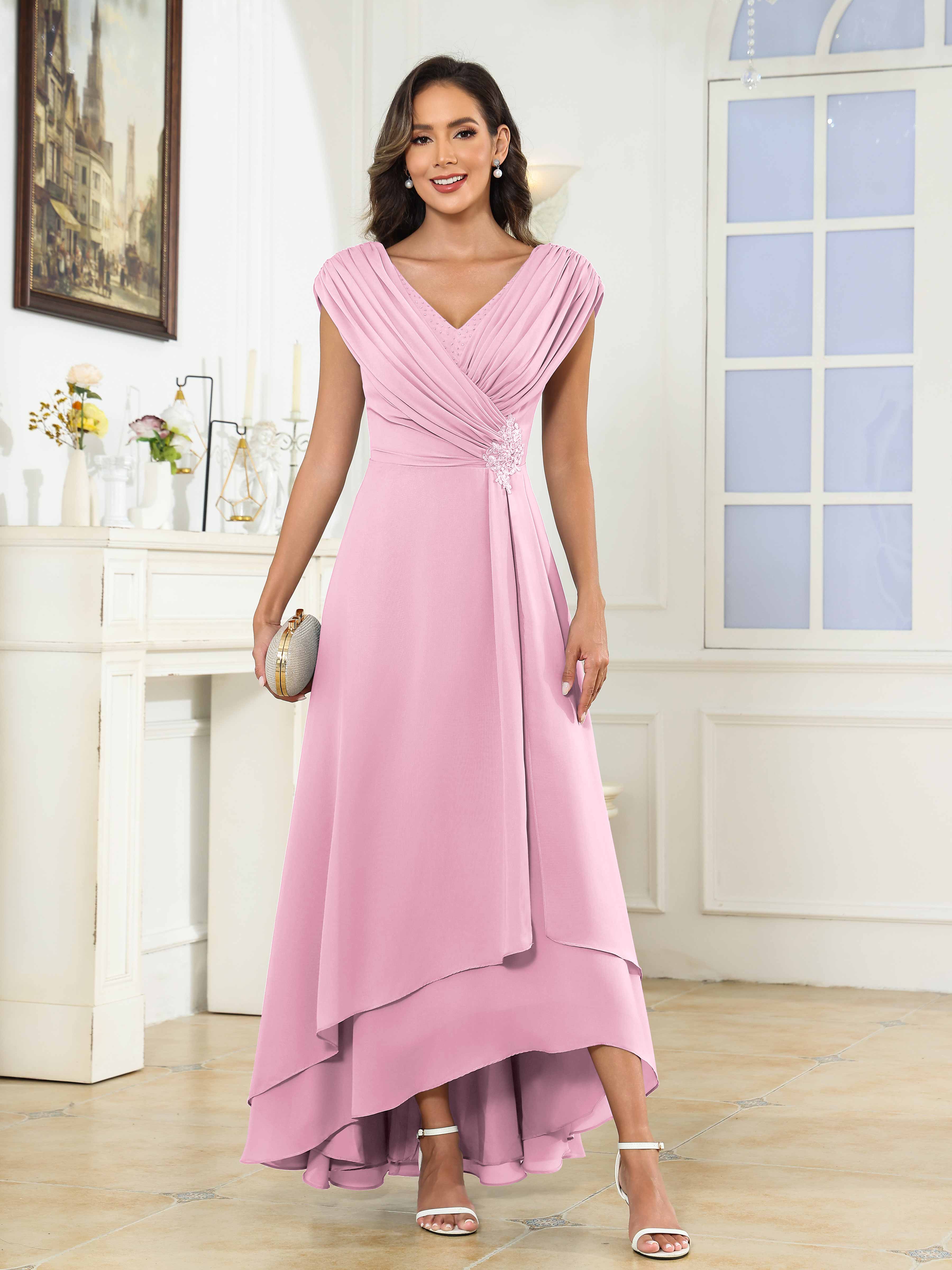 Women's A-Line High Low Beaded Pleated Chiffon Mother Of The Bride Dress
