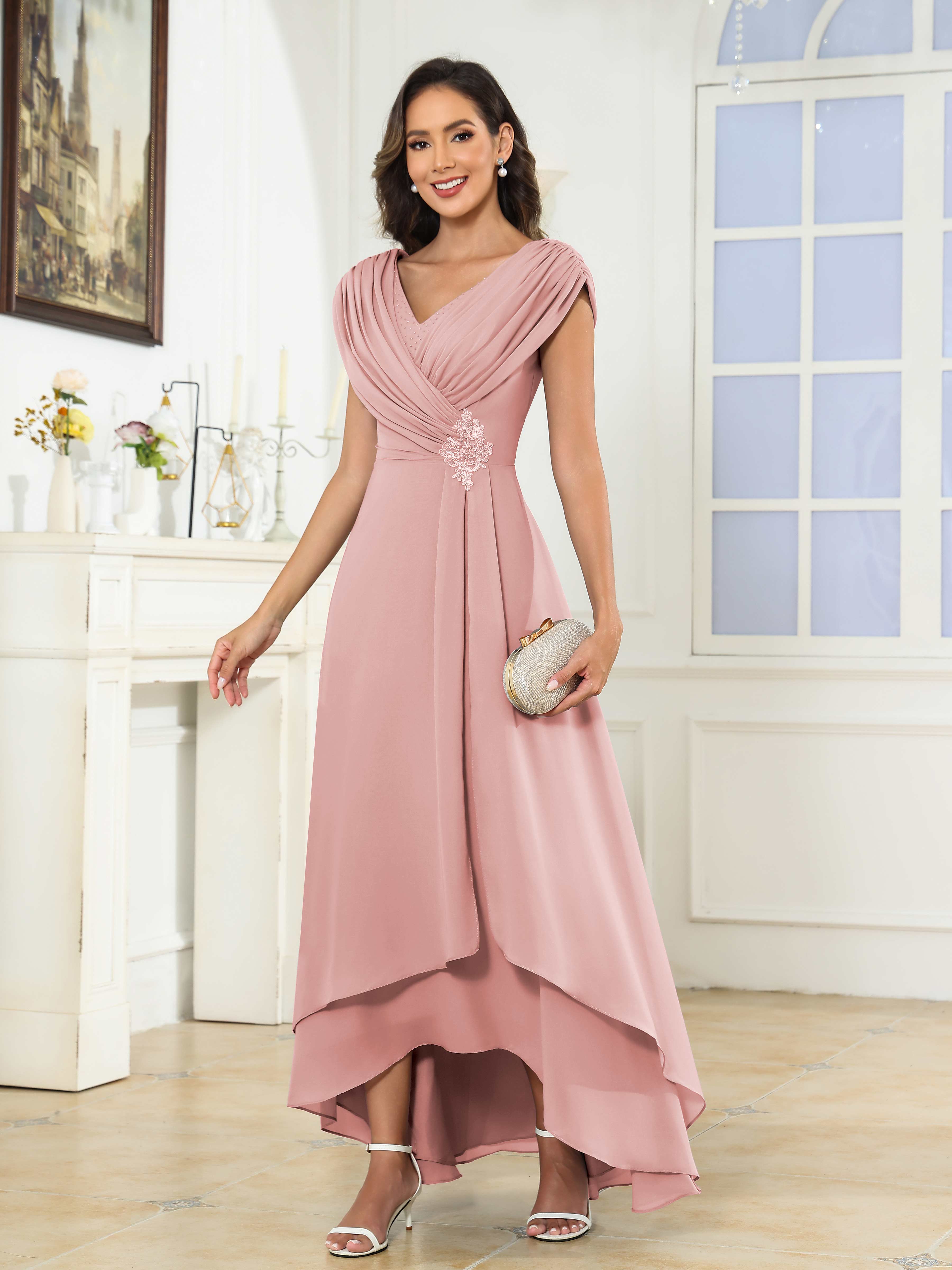 Women's A-Line High Low Beaded Pleated Chiffon Mother Of The Bride Dress