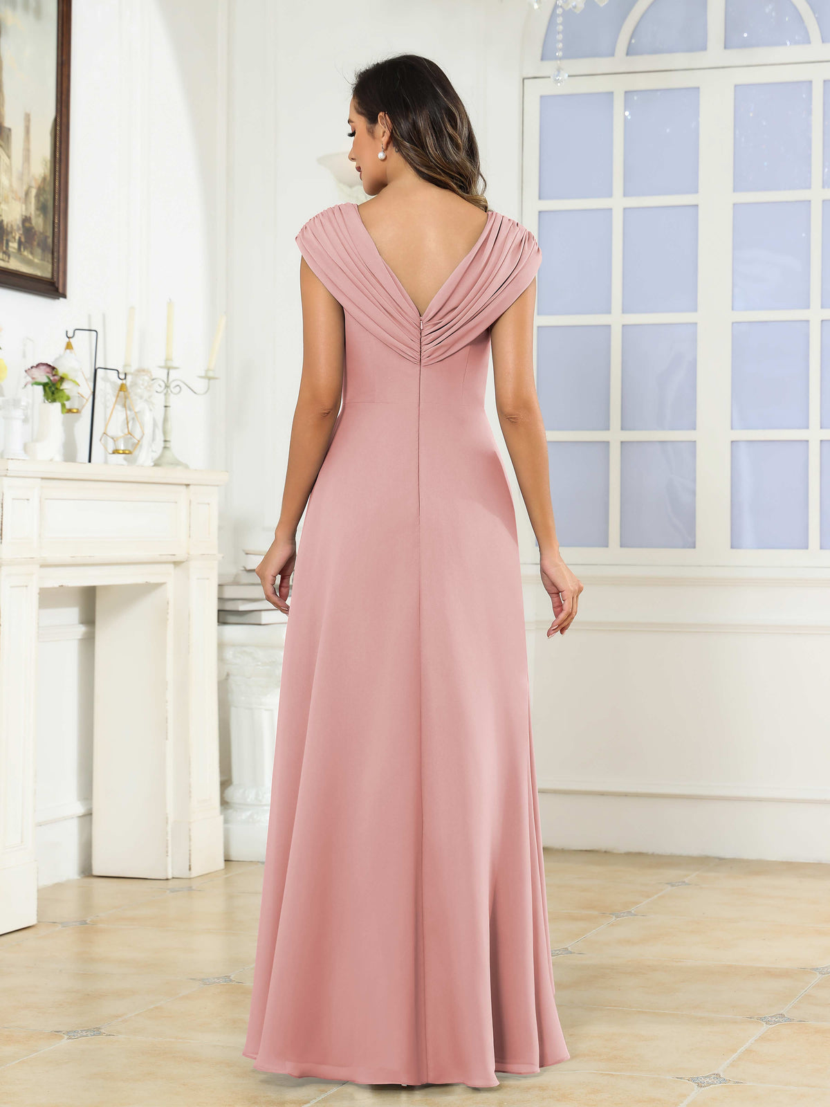 Women's A-Line High Low Beaded Pleated Chiffon Mother Of The Bride Dress